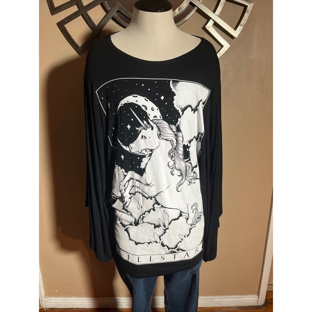 KILLSTAR Black Long Sleeve Unicorn Moon Stars Crystal Graphic Tunic Top Small